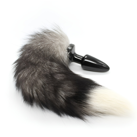 Анальная пробка черная силиконовая Baby XXX с серо-белым хвостом
