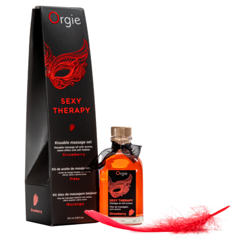 Съедобное массажное масло Orgie Sexy Therapy Strawberry и перо