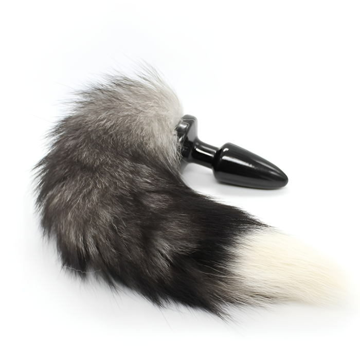 Анальна пробка чорна силіконова Baby XXX з сіро-білим хвостом