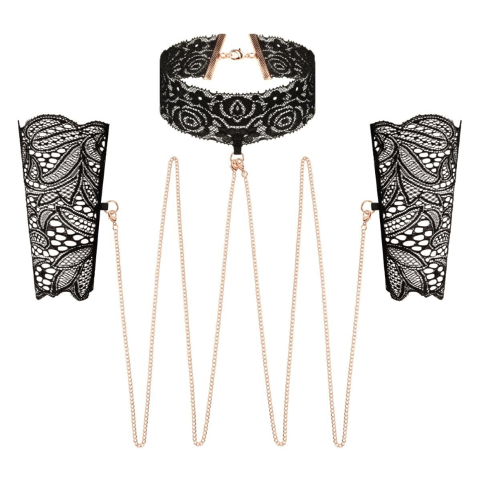 Мереживні наручники та чокер Rosy Gold Lace Cuffs and Collar Black